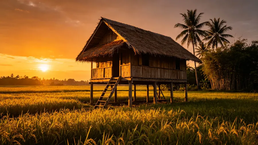 Sunset Over a Stilted Wooden Hut in Rice Fields