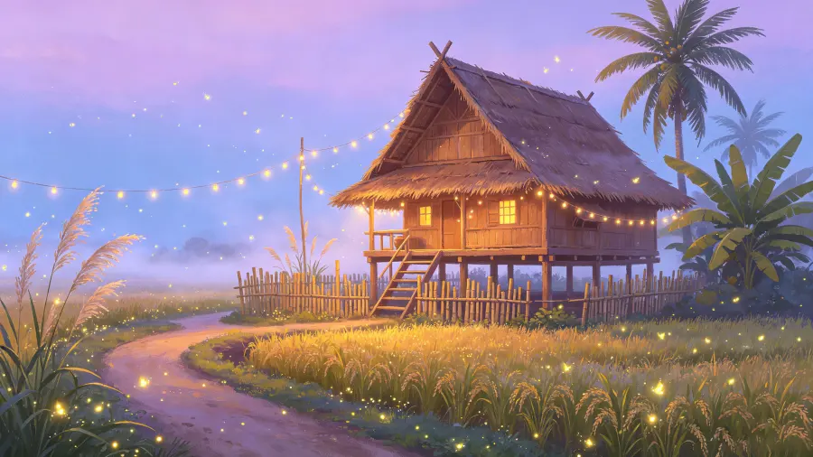 Healing Rural Landscape with Rice Fields and Thatched Cottage