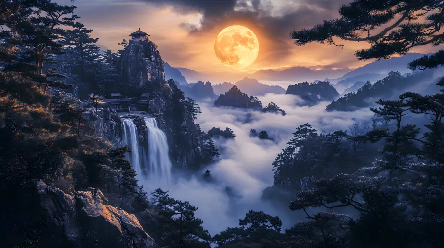 The moon shines upon the mountains and rivers. poster canvas mockup