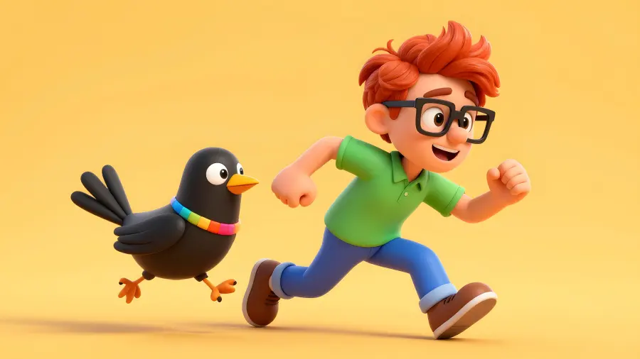 Boy and Bird Running on a Yellow Floor
