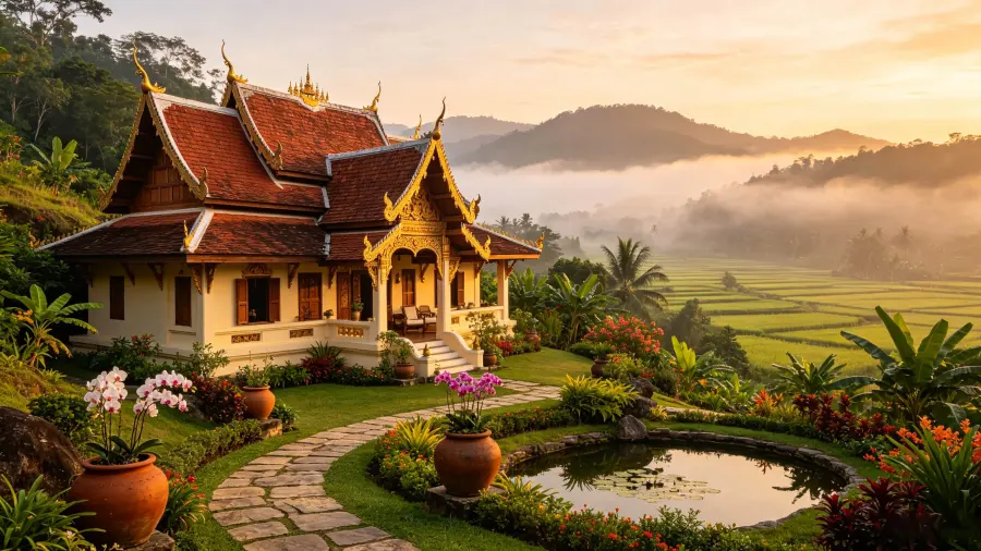 Thai-Style Rural Architecture in Southeast Asian Landscape Illustration